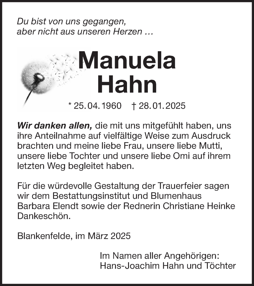  Traueranzeige für Manuela Hahn vom 29.03.2025 aus Märkische Oderzeitung