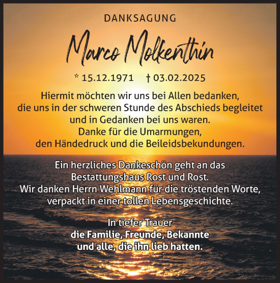 Traueranzeige von Marco Molkenthin von Märkische Oderzeitung