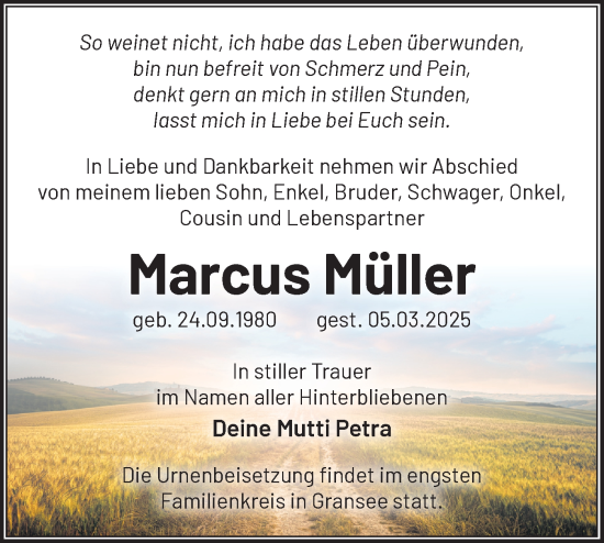 Traueranzeige von Marcus Müller von Märkische Oderzeitung