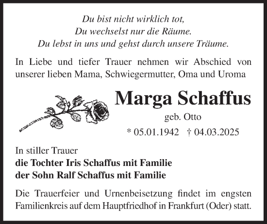 Traueranzeige von Marga Schaffus von Märkische Oderzeitung