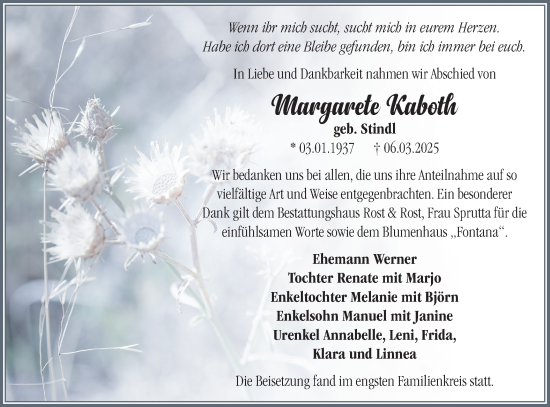 Traueranzeige von Margarete Kaboth von Märkische Oderzeitung