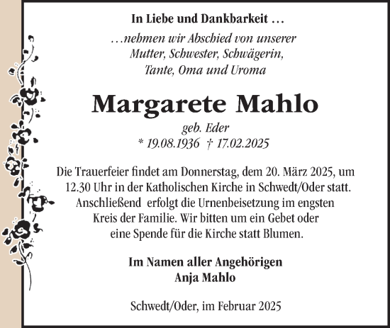 Traueranzeige von Margarete Mahlo von Märkische Oderzeitung
