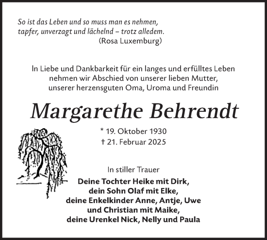 Traueranzeige von Margarethe Behrendt von Märkische Oderzeitung