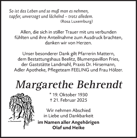 Traueranzeige von Margarethe Behrendt von Märkische Oderzeitung