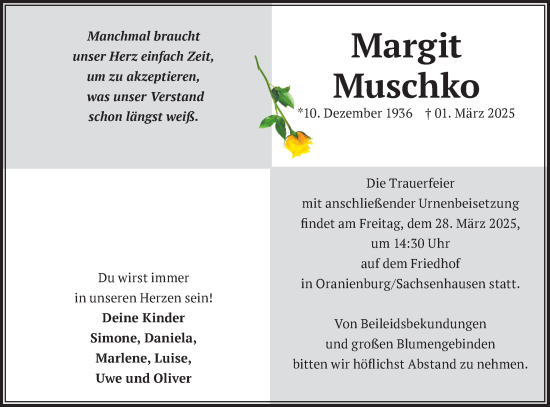 Traueranzeige von Margit Muschko von Märkische Oderzeitung