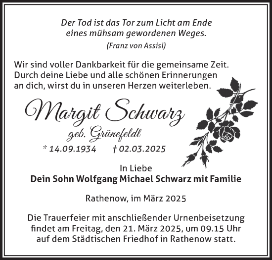 Traueranzeige von Margit Schwarz von Märkische Oderzeitung