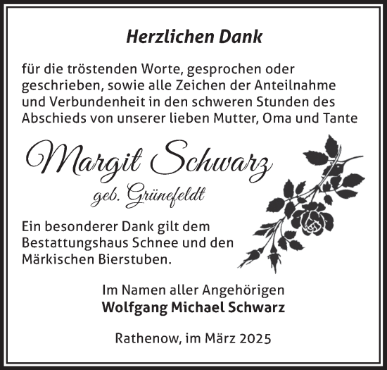 Traueranzeige von Margit Schwarz von Märkische Oderzeitung