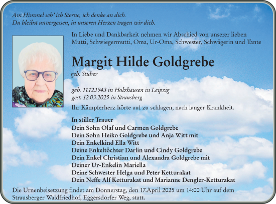Traueranzeige von Margit Hilde Goldgrebe von Märkische Oderzeitung