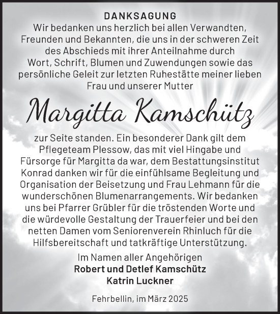 Traueranzeige von Margitta Kamschütz von Märkische Oderzeitung