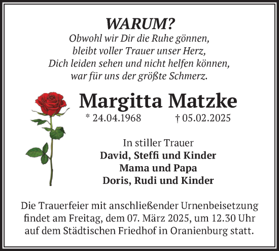 Traueranzeige von Margitta Matzke von Märkische Oderzeitung
