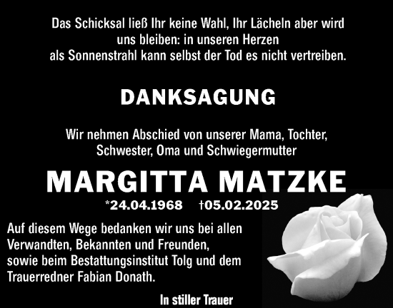 Traueranzeige von Margitta Matzke von Märkische Oderzeitung