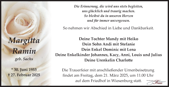 Traueranzeige von Margitta Ramin von Märkische Oderzeitung