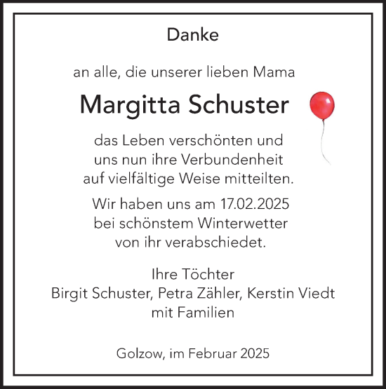 Traueranzeige von Margitta Schuster von Märkische Oderzeitung