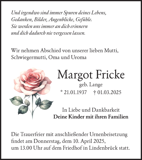 Traueranzeige von Margot Fricke von Märkische Oderzeitung