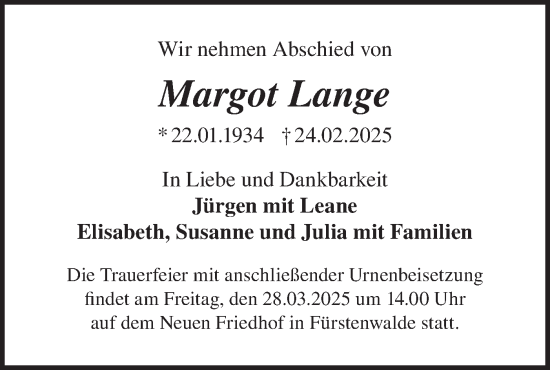 Traueranzeige von Margot Lange von Märkische Oderzeitung