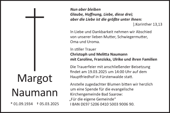 Traueranzeige von Margot Naumann von Märkische Oderzeitung