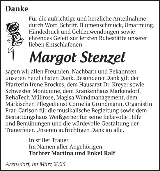 Traueranzeige von Margot Stenzel von Märkische Oderzeitung