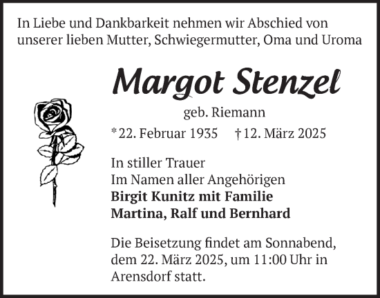 Traueranzeige von Margot Stenzel von Märkische Oderzeitung
