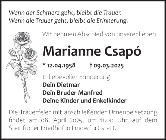 Traueranzeige von Marianne Csapo von Märkische Oderzeitung