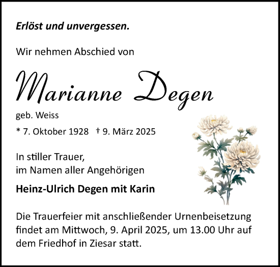 Traueranzeige von Marianne Degen von Märkische Oderzeitung