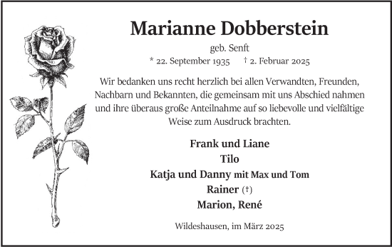 Traueranzeige von Marianne Dobberstein von Märkische Oderzeitung