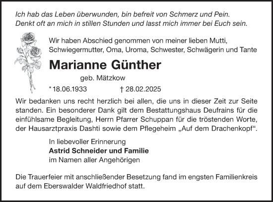 Traueranzeige von Marianne Günther von Märkische Oderzeitung