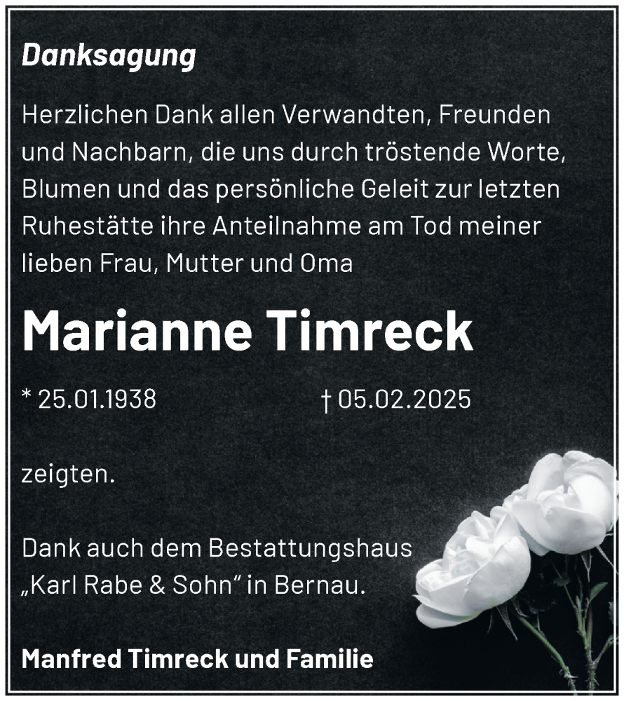  Traueranzeige für Marianne Timreck vom 01.03.2025 aus Märkische Oderzeitung