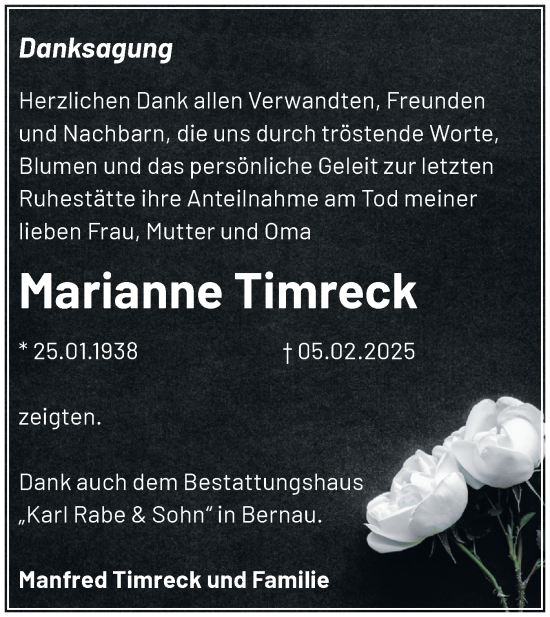 Traueranzeige von Marianne Timreck von Märkische Oderzeitung
