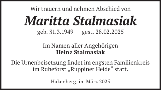 Traueranzeige von Maritta Stalmasiak von Märkische Oderzeitung