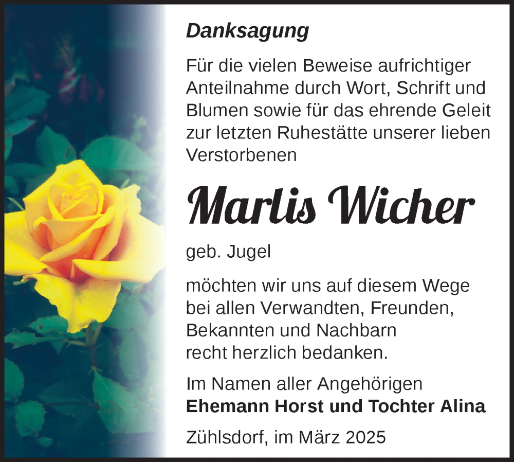  Traueranzeige für Marlis Wicher vom 15.03.2025 aus Märkische Oderzeitung