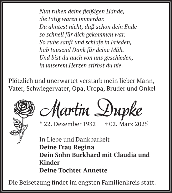 Traueranzeige von Martin Dupke von Märkische Oderzeitung