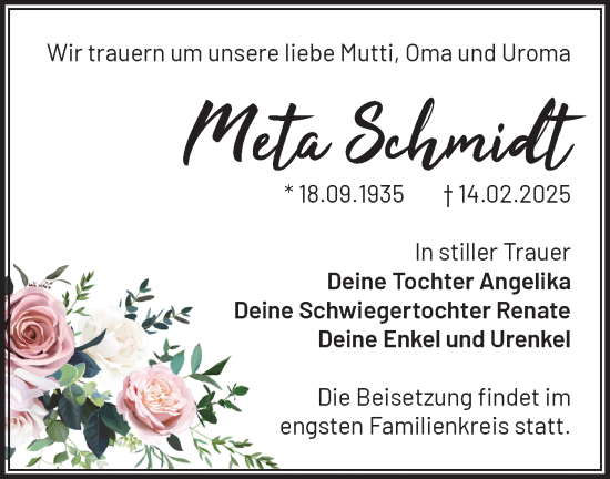 Traueranzeige von Meta Schmidt von Märkische Oderzeitung