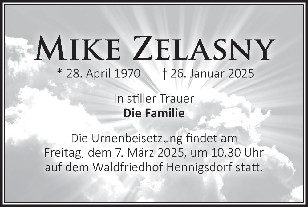  Traueranzeige für Mike Zelasny vom 01.03.2025 aus Märkische Oderzeitung