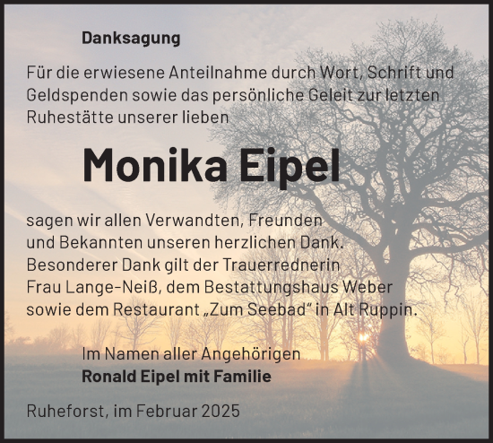 Traueranzeige von Monika Eipel von Märkische Oderzeitung