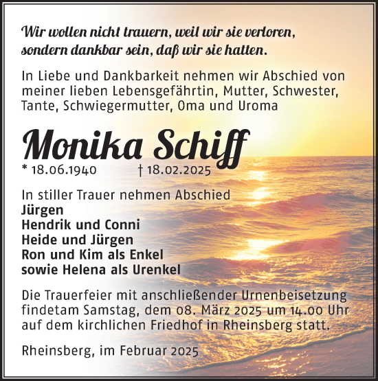 Traueranzeige von Monika Schiff von Märkische Oderzeitung