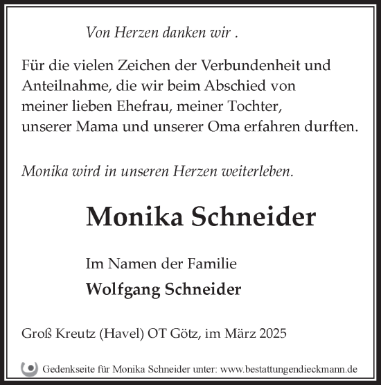 Traueranzeige von Monika Schneider von Märkische Oderzeitung