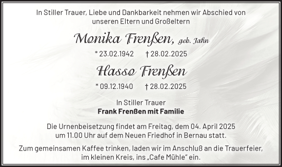 Traueranzeige von Monika und Hasso Frenßen von Märkische Oderzeitung