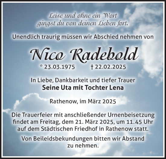 Traueranzeige von Nico Radebold von Märkische Oderzeitung