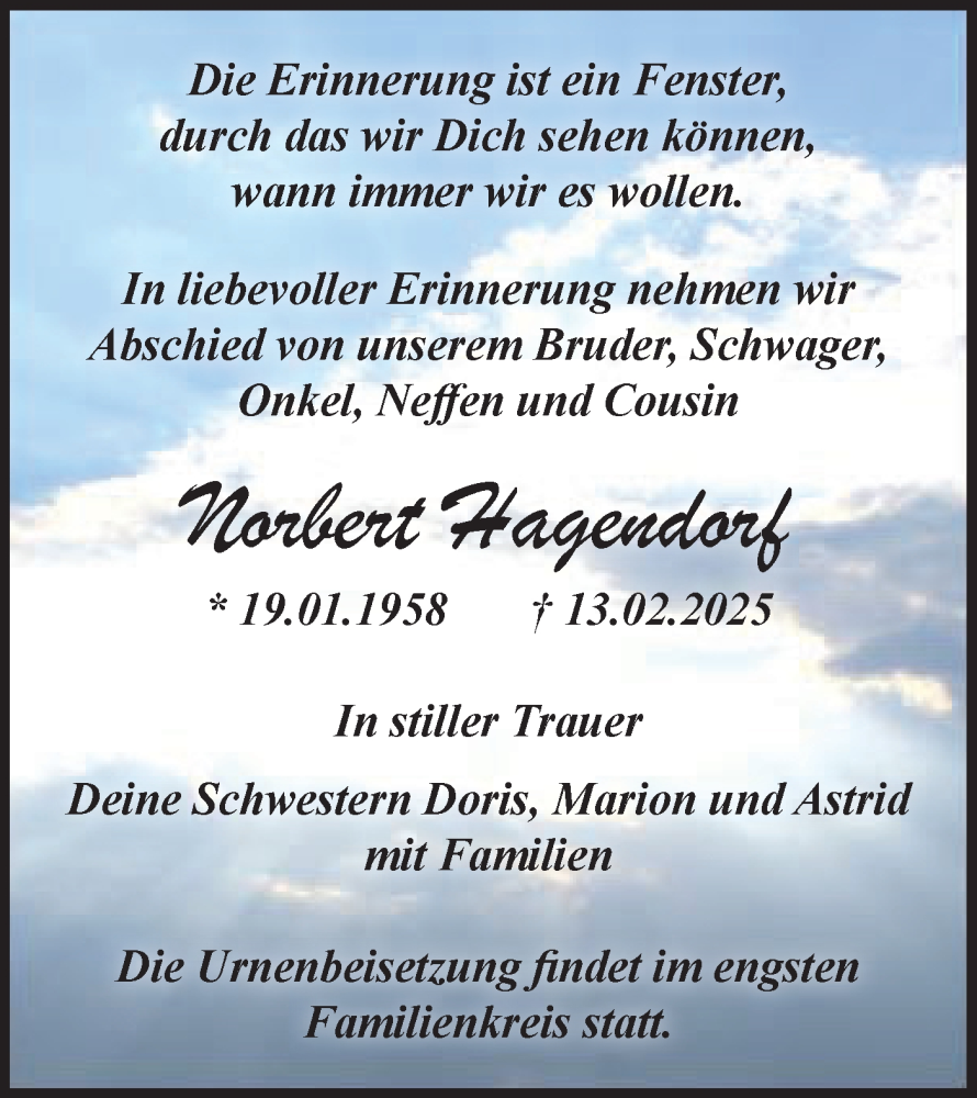  Traueranzeige für Norbert Hagendorf vom 01.03.2025 aus Märkische Oderzeitung
