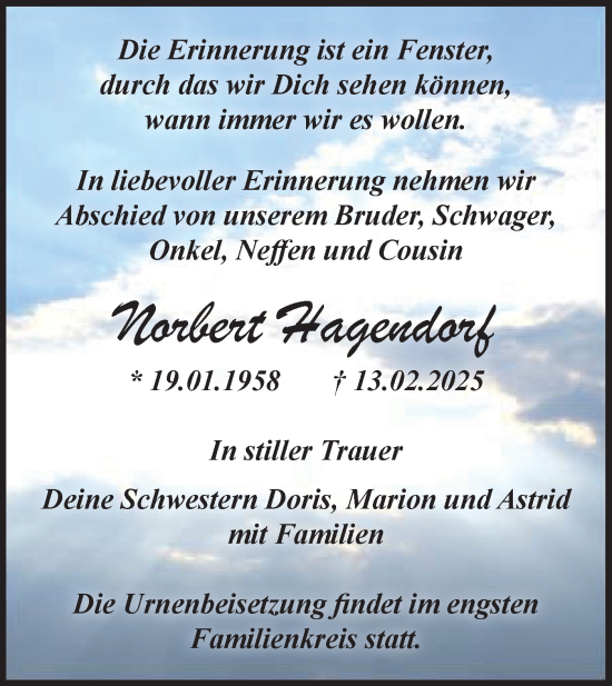 Traueranzeige von Norbert Hagendorf von Märkische Oderzeitung