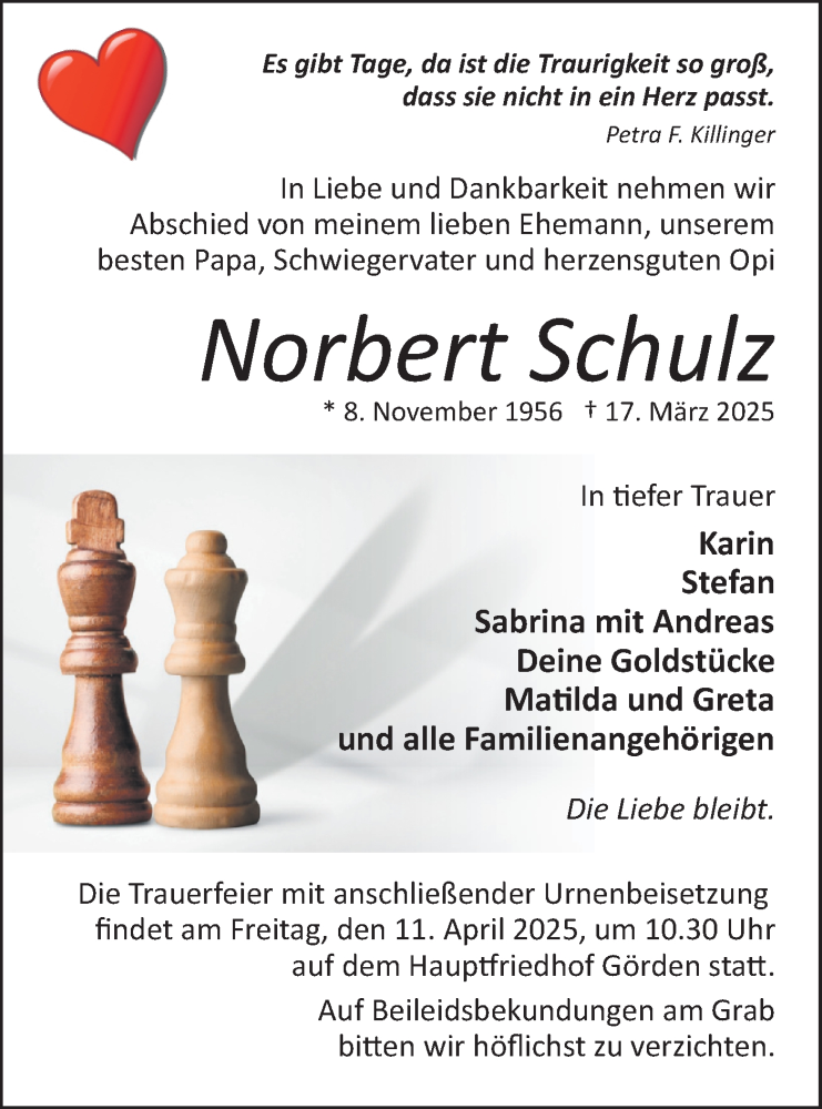  Traueranzeige für Norbert Schulz vom 29.03.2025 aus Märkische Oderzeitung