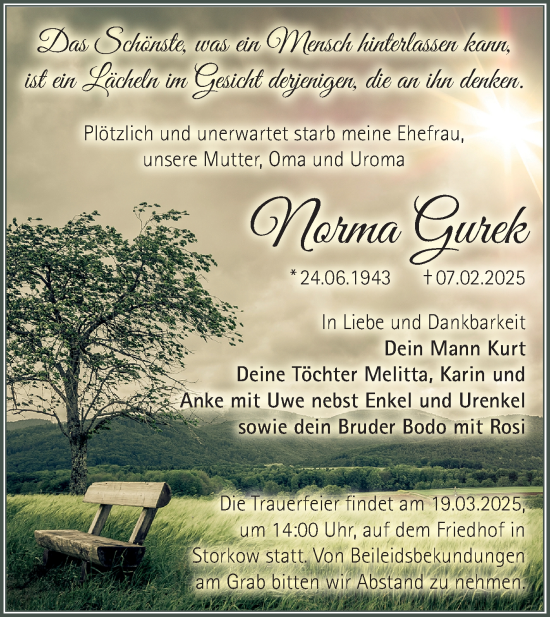 Traueranzeige von Norma Gurek von Märkische Oderzeitung