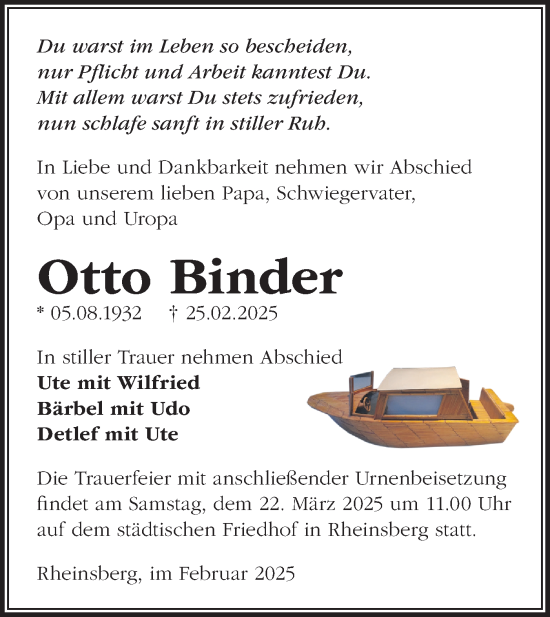 Traueranzeige von Otto Binder von Märkische Oderzeitung
