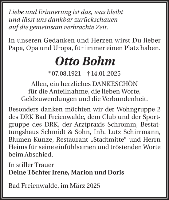Traueranzeige von Otto Bohm von Märkische Oderzeitung
