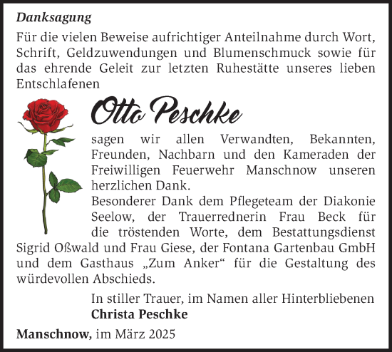 Traueranzeige von Otto Peschke von Märkische Oderzeitung