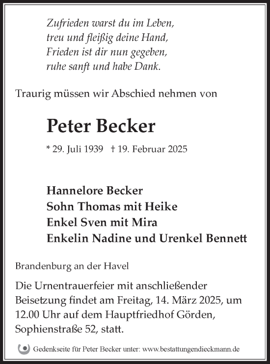 Traueranzeige von Peter Becker von Märkische Oderzeitung