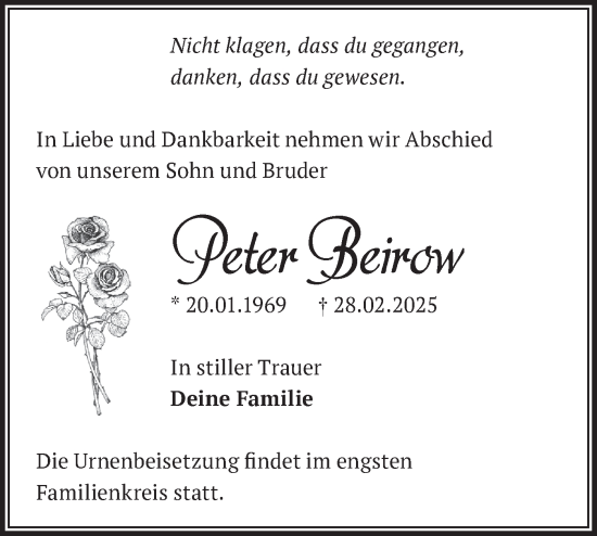 Traueranzeige von Peter Beirow von Märkische Oderzeitung