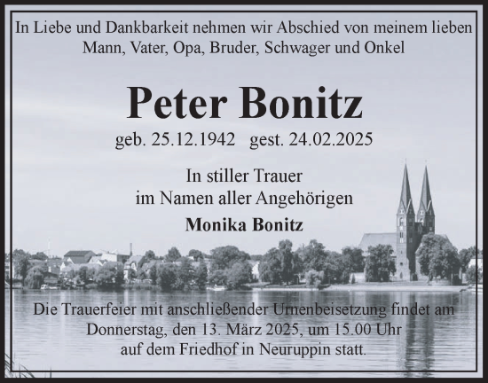 Traueranzeige von Peter Bonitz von Märkische Oderzeitung
