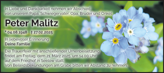 Traueranzeige von Peter Malitz von Märkische Oderzeitung