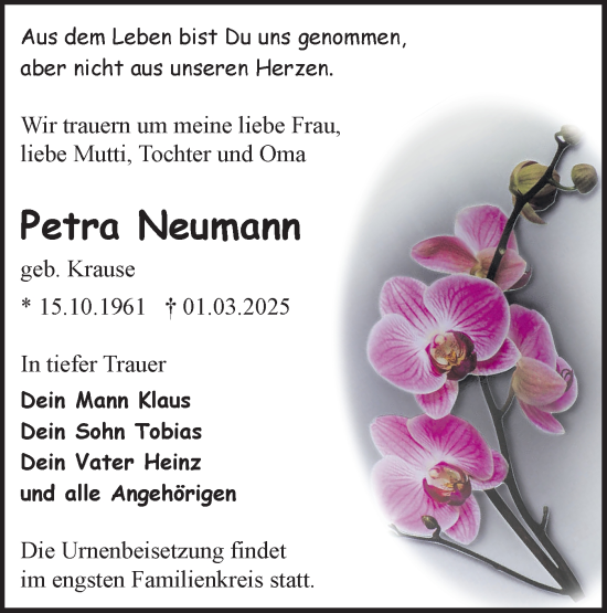 Traueranzeige von Petra Neumann von Märkische Oderzeitung